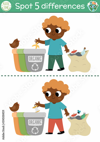 Find differences game. Ecological educational activity with cute boy sorting rubbish. Earth day puzzle for kids with funny character. Eco awareness or zero waste printable worksheet, page.