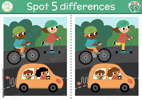 Find differences game for children. Ecological educational activity with cute alternative transport. Earth day puzzle for kids. Eco awareness printable worksheet with electro car  bike  scooter.