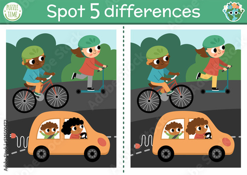 Find differences game for children. Ecological educational activity with cute alternative transport. Earth day puzzle for kids. Eco awareness printable worksheet with electro car, bike, scooter.