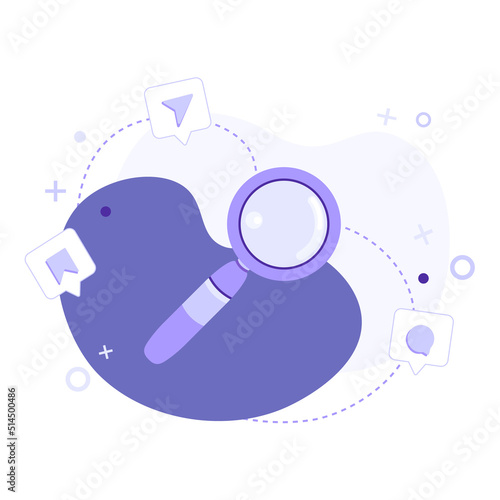 Flat vector illustration of magnifying glass with icons on abstract background. Search  planning  test  analysis  webinar or online education concept. Can be used for web banner  infographic  website 