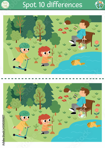 Find differences game for children. Ecological educational activity with cute nature forest scene, kids caring of environment. Earth day puzzle. Eco awareness printable worksheet.