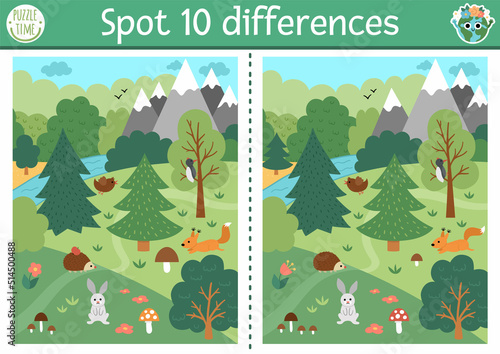 Find differences game for children. Ecological educational activity with cute nature forest scene, animals. Earth day puzzle for kids. Eco awareness printable worksheet with endangered animal.
