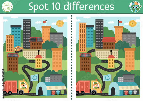 Find differences game for children with opposites. Ecological educational activity with cute eco city. Earth day puzzle for kids. Eco awareness or zero waste printable worksheet, page.