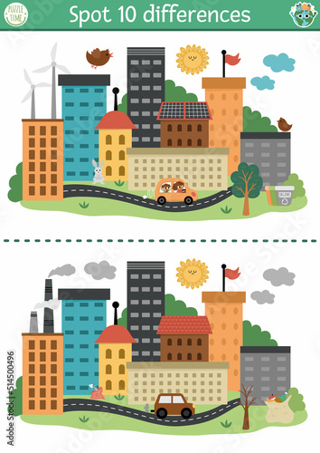 Find differences game for children with opposites. Ecological educational activity with cute eco and polluted city versions. Earth day puzzle for kids. Eco awareness printable worksheet, page.