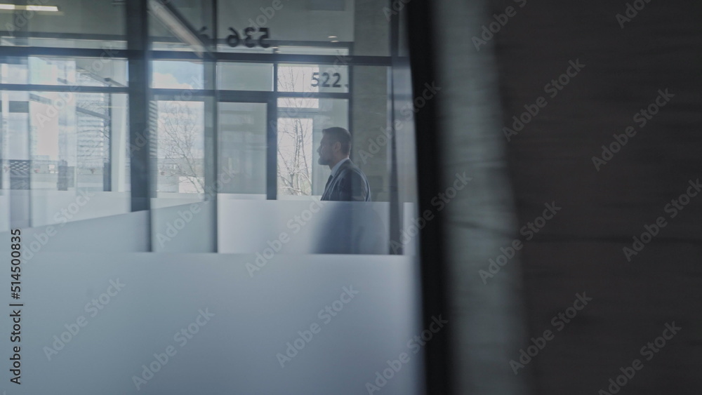 Businessman walking in company office corridor, beginning of workday, corporate job