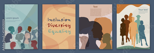Diversity inclusion and equality concept. Silhouette people of diverse cultures.Group of multicultural and multiethnic men and women.Editable brochure template flyer leaflet cover poster