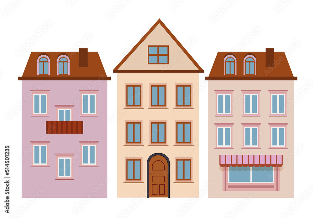 Set House icon. Old street european town. Urban landscape.