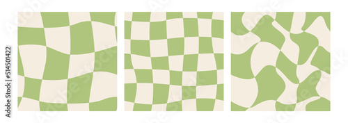 Set of abstract seamless checkered patterns in y2k style. Trendy retro psychedelic checkerboard backgrounds in 90s, 00s style. Hippie, trippy patterns with distorted cage