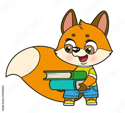 Cute cartoon fox hold a book stack color variation for coloring page on white background