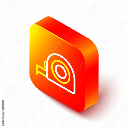 Isometric line Roulette construction icon isolated on white background. Tape measure symbol. Orange square button. Vector