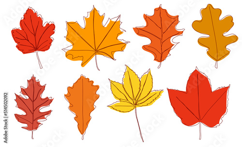 A set of autumn leaves drawn with a continuous line. Autumn leaf in one line style icon vector illustration design