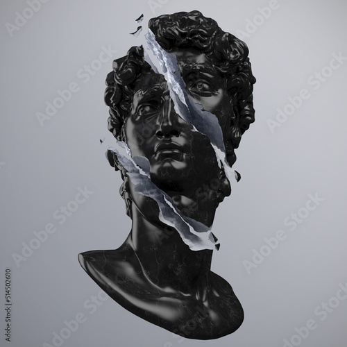 Abstract illustration from 3D rendering of a black and white marble inside bust of male classical sculpture broken in three pieces and tiny fragments isolated on gray background.