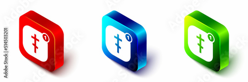 Isometric Online church pastor preaching video streaming icon isolated on white background. Online church of Jesus Christ. Red, blue and green square button. Vector