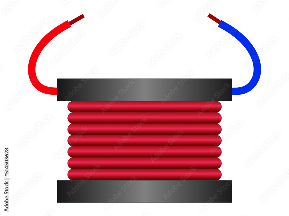 Grafika wektorowa przedstawiająca wizualizację cewki indukcyjnej. Widoczne są zwoje drutu miedzianego, u góry dwa przewody koloru czerwonego i niebieskiego. - obrazy, fototapety, plakaty 