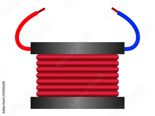 Grafika wektorowa przedstawiająca wizualizację cewki indukcyjnej. Widoczne są zwoje drutu miedzianego, u góry dwa przewody koloru czerwonego i niebieskiego.