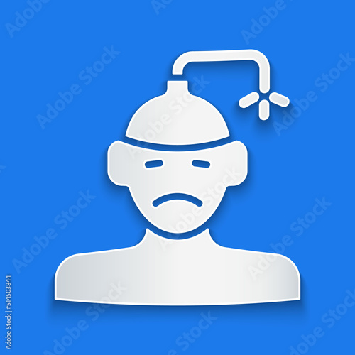 Paper cut Concussion, headache, dizziness, migraine icon isolated on blue background. Paper art style. Vector