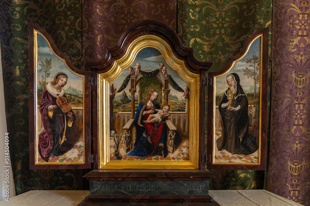 triptych of religious saints on the armoire in the Queen's Inner Hall inside the Stirling Castle