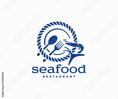 Seafood restaurant logo design. Vector design of an sea rope, plate, fork, spoon and marine life. Fresh ocean food, tuna fish and shrimp logotype
