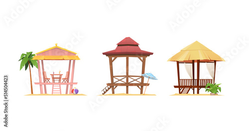 Gazebos on the summer beach. Isolated on white background. Cartoon vector illustration