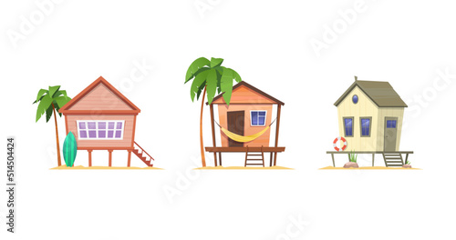 Summer houses on the beach front view. Isolated on white background. Cartoon vector illustration