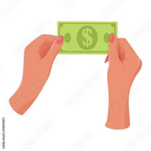 Hands with money Counting, giving, giving, receiving, squeezing and showing money. Payment for goods. Charity. Banking operations with cash. Vector illustration.