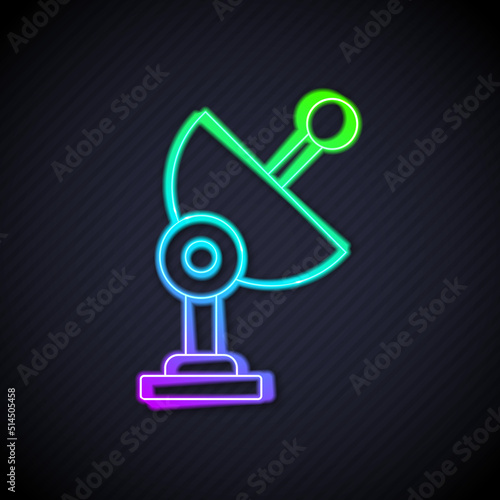 Glowing neon line Radar icon isolated on black background. Search system. Satellite sign. Vector