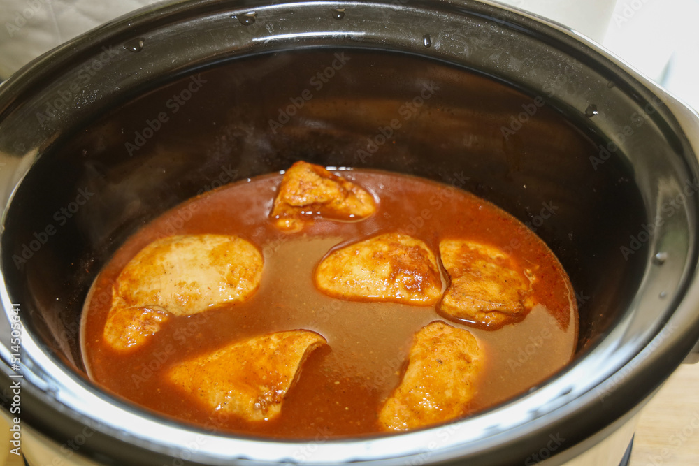 Chicken tinga being made in the crop pot for making tacos, tostadas, sopes or quesadillas. Chicken tinga being made in the crop pot for making tacos, tostadas, sopes or quesadillas.