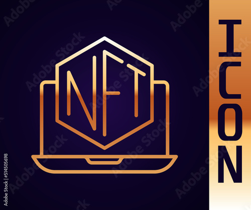 Gold line Laptop with art store app icon isolated on black background. Technology of selling NFT tokens for cryptocurrency. Non fungible token concept. Vector
