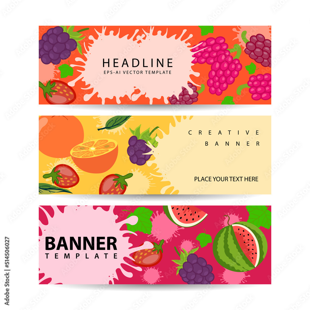 Fresh fruits and berries banners. Vector illustration with tropical summer fruits.