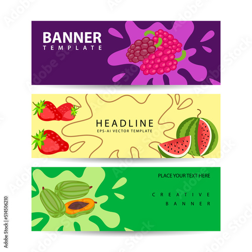 Three horizontal banners for berry juices. Fresh natural juice. Vector template flayer isolated on a white background.