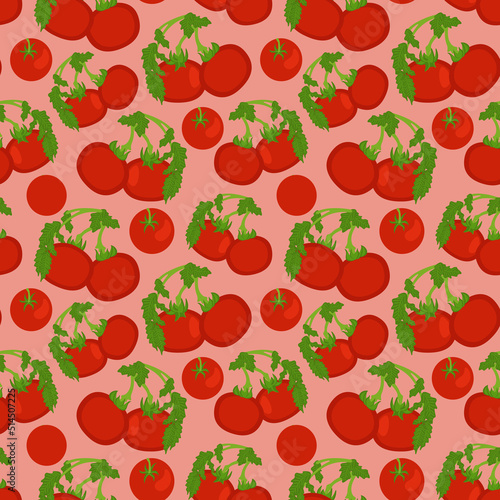 Seamless pattern with tomatoes, slices, halves and cherry tomatoes. Natural background for textiles