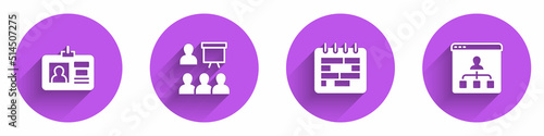 Set Identification badge, Training, presentation, Calendar and Online education icon with long shadow. Vector