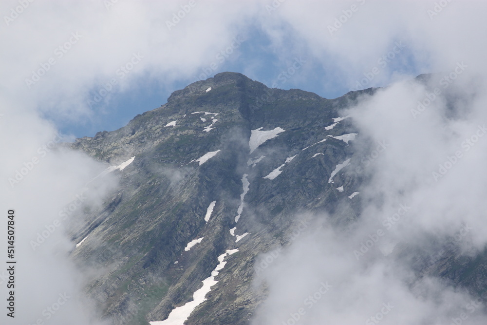 The top of the mountain in the clouds near Lake Ritsa in Abkhazia.