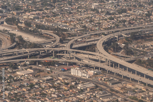 Daytime Aerial view of the 110 and the 105 interchanges in Los Angeles County Southern California USA.
