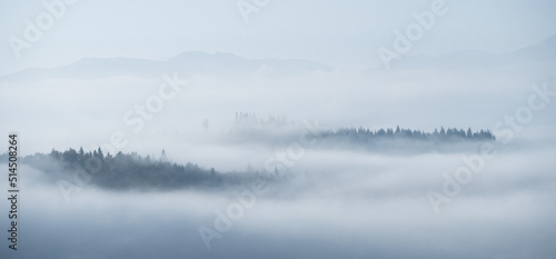 Autumnal landscape with parts of forest and mountain sticking out of the thick fog,Slovakia, Europe