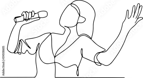 Girl singer performs songs with a microphone in her hands. One line vector illustration.