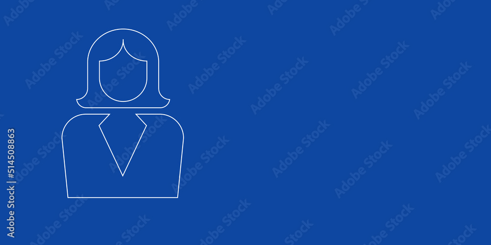 A large white outline business woman symbol on the left. Designed as thin white lines. Vector illustration on blue background A large white outline business woman symbol on the left. Designed as thin white lines. Vector illustration on blue background