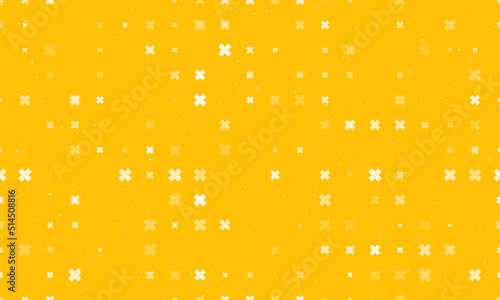 Seamless background pattern of evenly spaced white adhesive plaster symbols of different sizes and opacity. Vector illustration on amber background with stars