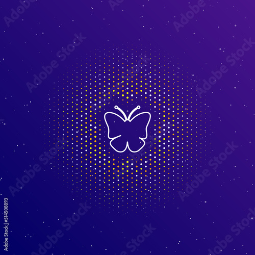 A large white contour butterfly symbol in the center, surrounded by small dots. Dots of different colors in the shape of a ball. Vector illustration on dark blue gradient background with stars © Alexey