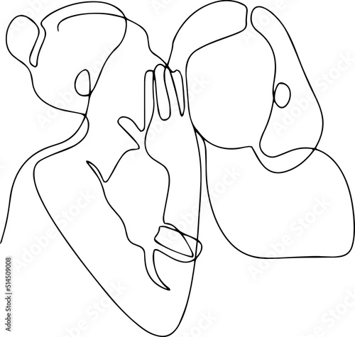 One line vector illustration. A woman whispers in her friend's ear. Gossip.