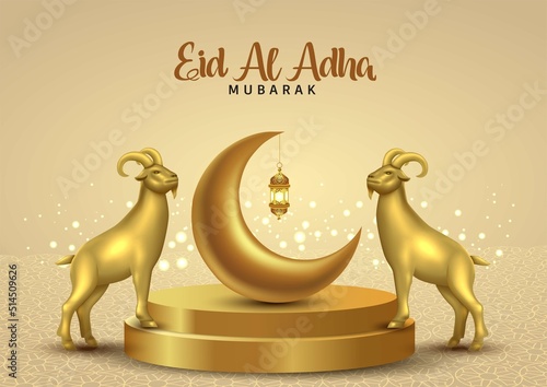 Muslim holiday happy Eid al-Adha. graphic design decoration kurban bayrami. golden moon and a sheep. new vector illustration