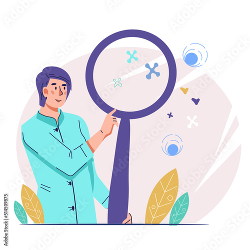 Scientist researcher conducting research in lab. Biochemistry biology and bioengineering science concept, flat vector illustration isolated on white background.