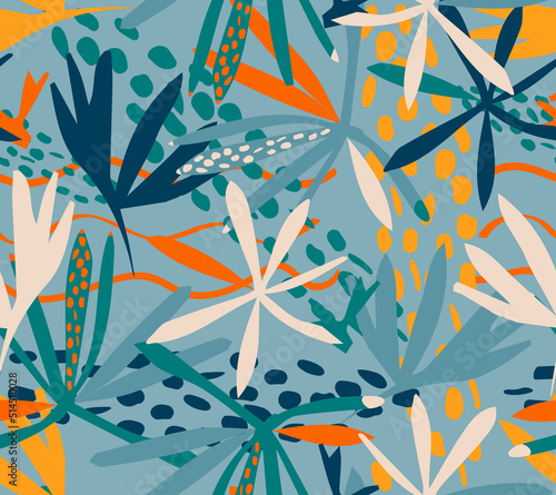 Abstract exotic seamless pattern, colorful jungle plants texture, raster version