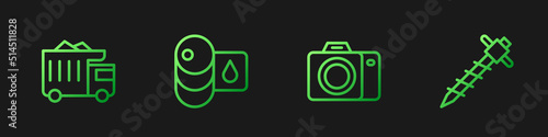 Set line Photo camera, Mining dump truck, Barrel oil and Construction jackhammer. Gradient color icons. Vector