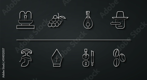 Set line Fountain, Roman army helmet, Pinocchio, Violin, Pope hat, Grape fruit, Coffee beans and Mandolin icon. Vector