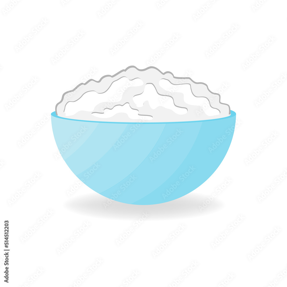 Cottage cheese in blue bowl. Dairy product. Cartoon icon. Isolated object on a white background. Vector illustration