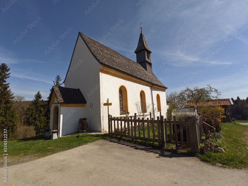 View of Bavaria spring countryside rural scene - Pilgrimage church of Wilparting, Irschenberg village, Upper Bavaria, Germany