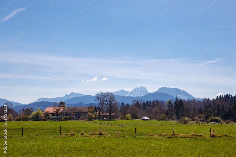 View of Bavaria spring countryside rural scene - Pilgrimage church of Wilparting, Irschenberg village, Upper Bavaria, Germany