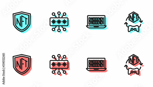 Set line Binary code, NFT shield, Cyber security and Digital crypto art icon. Vector