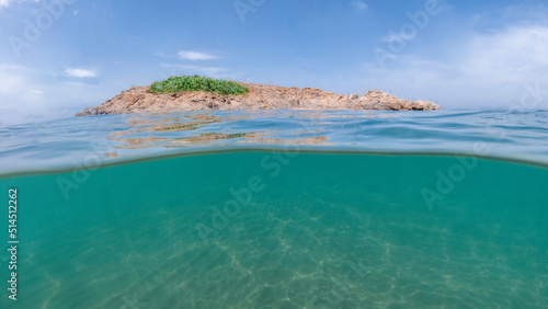 underwater blue ocean wide background with sandy sea bottom, Real natural underwater view of the Mediterranean Sea, undersea and underocean, under water empty swimming pool background with copy space.
